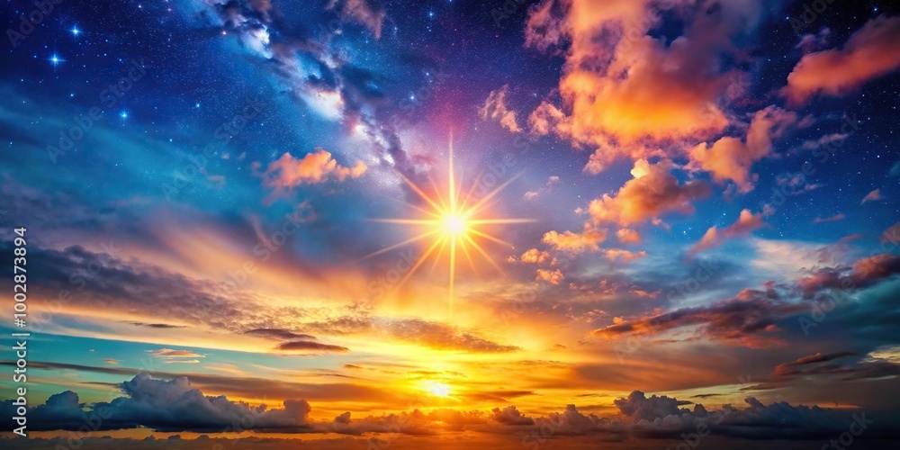 A scenic view of a vibrant sky with a multitude of bright stars and colorful clouds A scenic view of a vibrant sky with a multitude of bright stars and colorful clouds