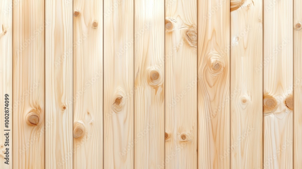 Fototapeta premium Close-up of a wooden wall featuring smooth light-colored planks. The natural grain and knots of the wood create a warm and inviting aesthetic for design and decoration.
