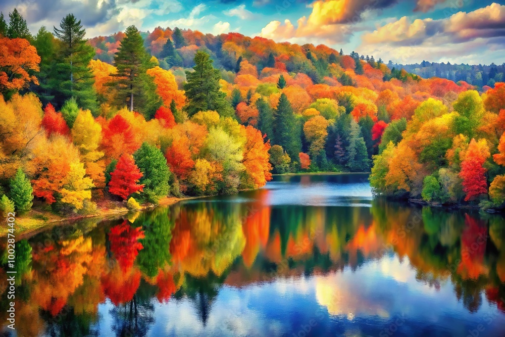 A serene forest with autumn foliage and calm lake in watercolor style A serene forest with autumn foliage and calm lake in watercolor style