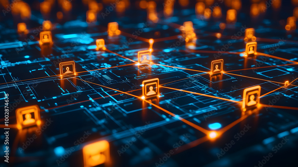 Digital network connections with glowing icons represent cyber security Digital network connections with glowing icons represent cyber security