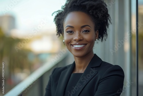 Corporate business woman standing on balcony outside at work, taking a break and looking confident. Portrait of a professional, smiling and cheerful black female manager expressing, Generative AI