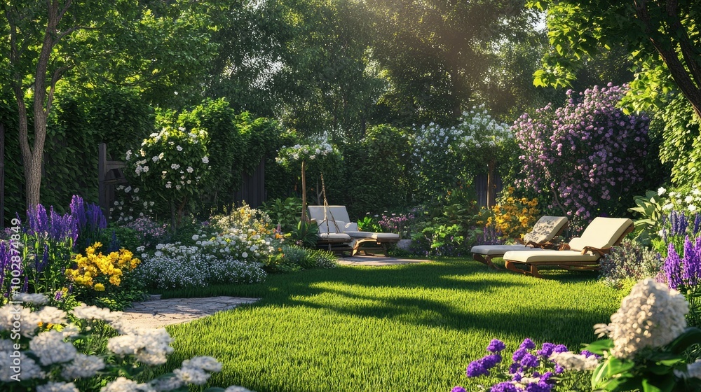 Obraz premium A lush green garden with a mix of small and large trees, white, purple, and yellow flowers blooming brightly. Lounge chairs and a swing add a touch of relaxation to the scene.