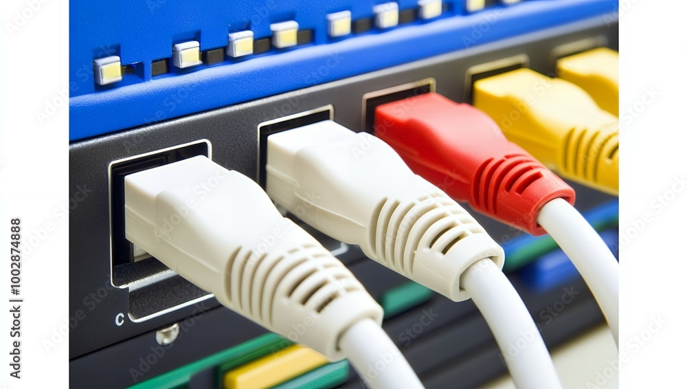 Close-up of ethernet cables plugged into a router. Close-up of ethernet cables plugged into a router.