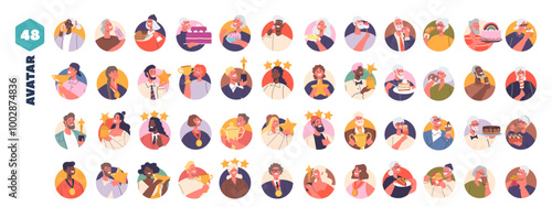 Vibrant Collection of Cartoon Avatars Showcasing A Range Of Personalities And Emotions Including Smiling Faces, Awards