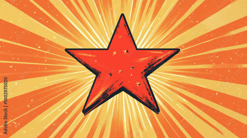 Fototapeta premium Vibrant red star radiating light against a bright orange background in a retro design