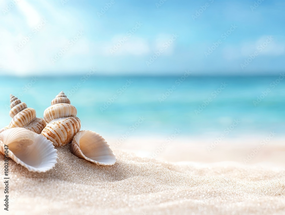 Serene Seascape with Intricate Seashells on Sandy Beach Serene Seascape with Intricate Seashells on Sandy Beach