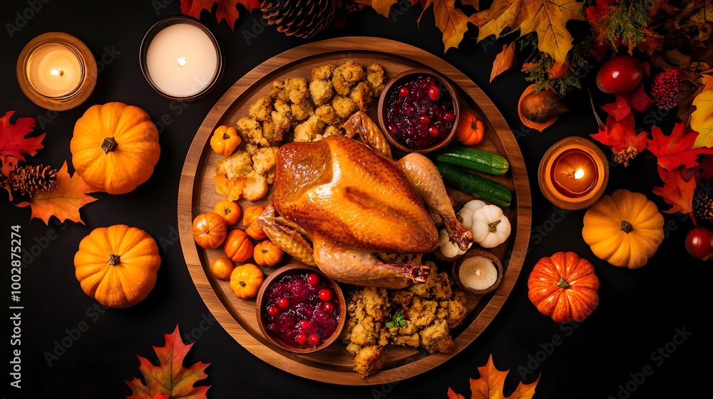 Top view of a beautifully arranged Thanksgiving table with a rustic plate. Top view of a beautifully arranged Thanksgiving table with a rustic plate.