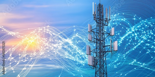 Telecommunication tower with glowing digital waves, symbolizing modern 5G technology, wireless communication, and the power of global connectivity through data transmission, Generative AI