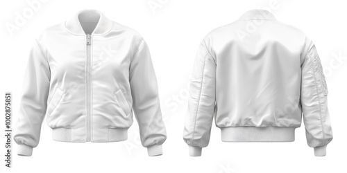 3d white woman bomber jacket front and back view. Blank mockup for branding on transparent cutout background, PNG file. Mockup clipart template