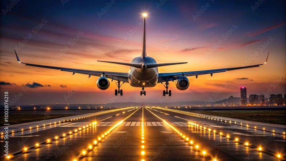 A small airplane landing on illuminated runway at dusk A small airplane landing on illuminated runway at dusk