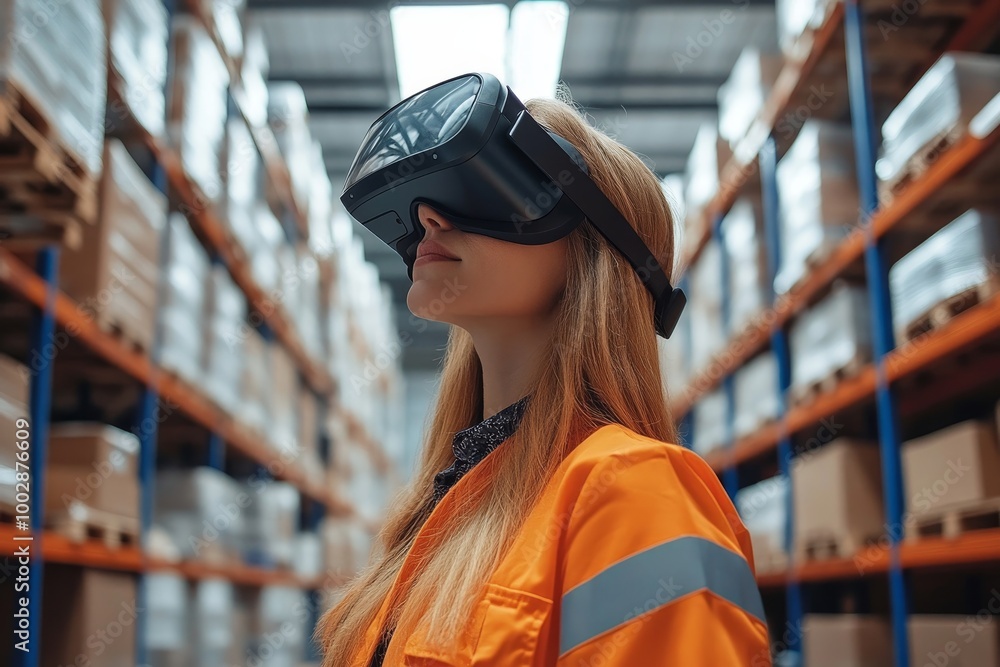 Warehouse managers talking logistics using VR, controlling stock levels. Virtual reality in inventory management. Smart glasses guiding female manager, Generative AI Warehouse managers talking logistics using VR, controlling stock levels. Virtual reality in inventory management. Smart glasses guiding female manager, Generative AI