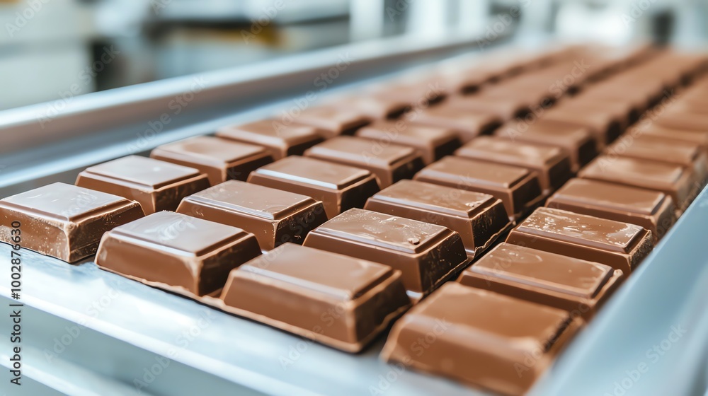 A chocolate production line with chocolate bars being molded and wrapped, chocolate manufacturing, food production process A chocolate production line with chocolate bars being molded and wrapped, chocolate manufacturing, food production process
