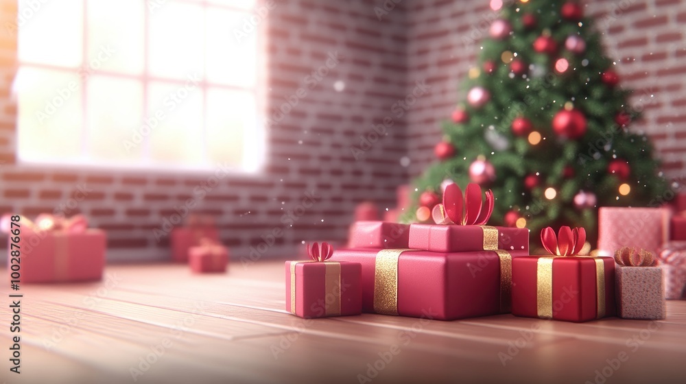 A cozy Christmas setting featuring a beautifully decorated tree and colorful gifts against a rustic brick wall, filled with festive cheer A cozy Christmas setting featuring a beautifully decorated tree and colorful gifts against a rustic brick wall, filled with festive cheer