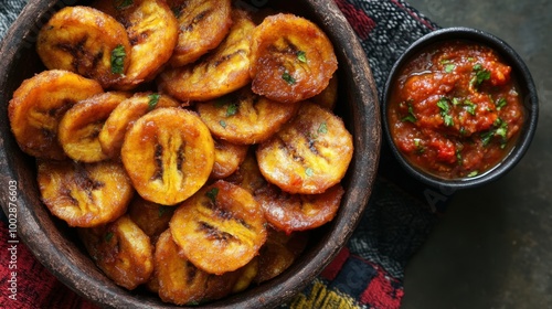 Crispy, golden fried plantains served alongside a savory dipping sauce, a popular meal in West Africa.