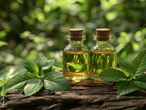 Bottles of essential oil sit on a log with vibrant green foliage in the background