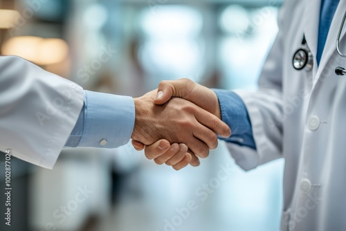 Pharmaceutical sales representative presenting new medication to doctor in medical building, shaking hands, Generative AI