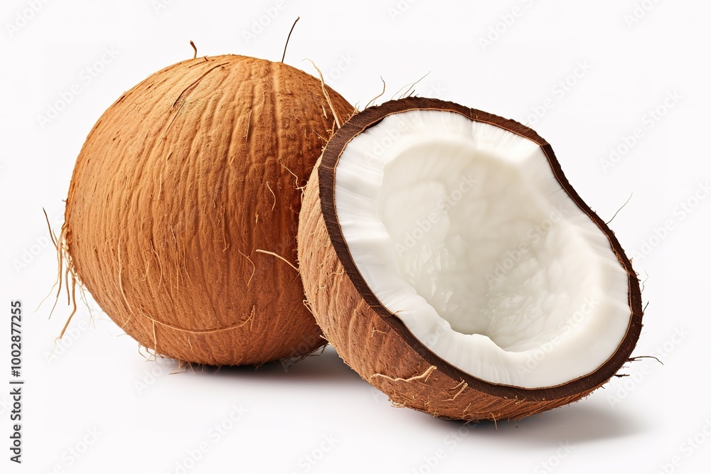 Two coconuts with palm leaves, isolated on white background Two coconuts with palm leaves, isolated on white background