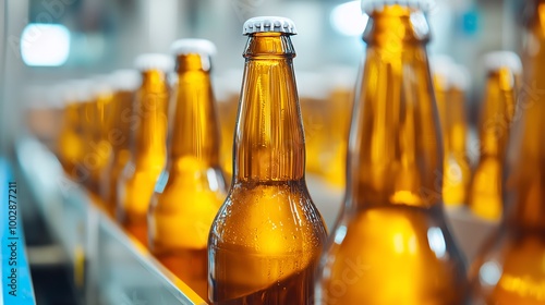 Bottling machinery filling glass bottles with beer in a brewery, beer production line, beverage manufacturing