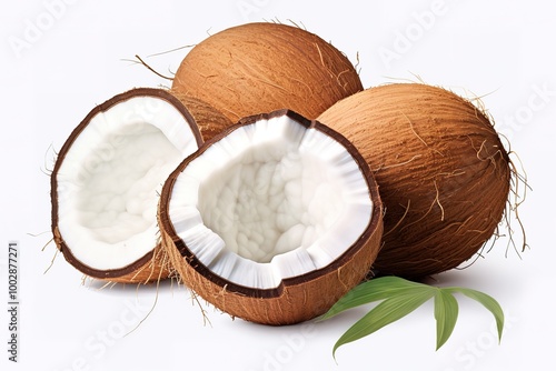 Two coconuts with palm leaves, isolated on white background