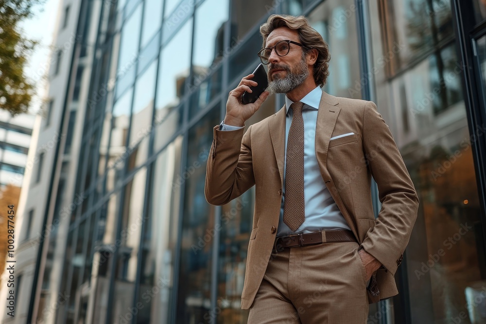 Businessman talking on his phone while walking outside of his office, Generative AI Businessman talking on his phone while walking outside of his office, Generative AI