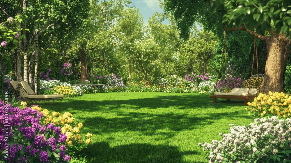 Obraz premium Beautiful green garden with blooming flowers in white, purple, and yellow, surrounded by trees of various sizes. Lounge chairs and a swing add to the relaxing atmosphere.