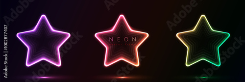 Set of glowing neon stars shape with lighting lines on black background technology concept. Light elements for badges, price tag, label cards, logo design, christmas.