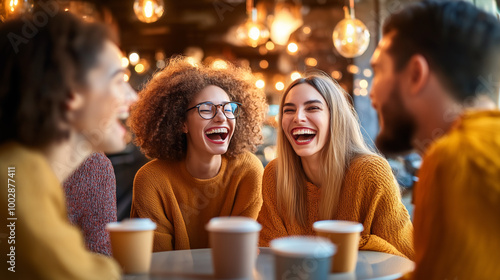 Four friends laugh together at a cafe table.