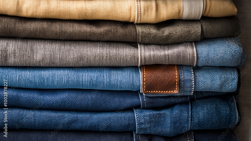 Neatly stacked jeans and pants in various shades folded in a closet organized for easy access at home Neatly stacked jeans and pants in various shades folded in a closet organized for easy access at home