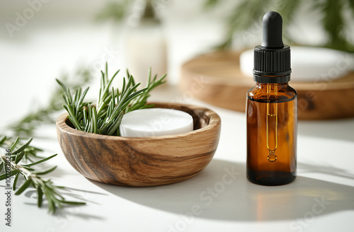 essential oil, face cream, and cotton pads on a white background. 