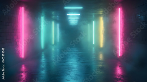 Neon Lights Corridor 3D Illustration