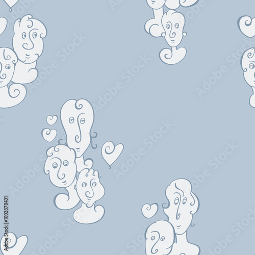 Seamless background with funny faces of anthropomorphic creatures. Humorous characters with different emotions