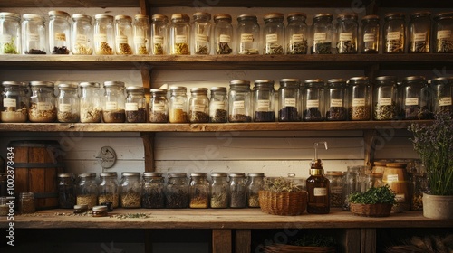 An intimate apothecary setting, with shelves lined with glass jars containing various herbs and tinctures. The warm, ambient lighting and wooden