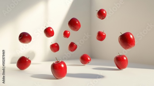 Red apples floating in sunlight