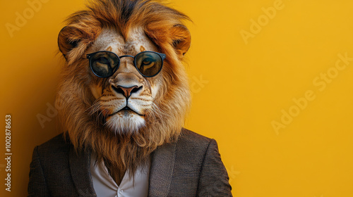 Stylish lion in suit and sunglasses on yellow background