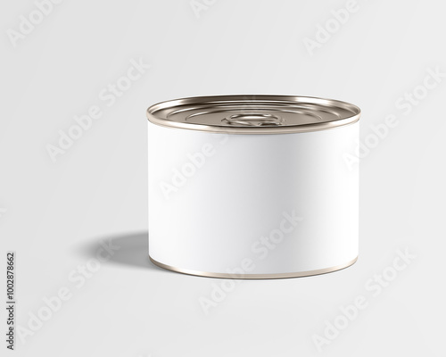 food tin Can with blank white label isolated on white, Tin can, fish or pet food mockup with pull ring, open key, Aluminium preserve canister. 3d illustration, 3d rendering
