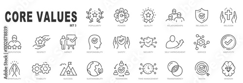 Set of core values related icons. Power, quality, stability, teamwork etc. Editable stroke. Set 3