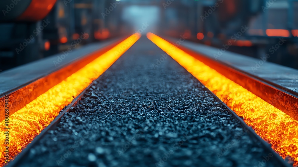 Raw steel being processed in a steel mill, glowing as it moves through machines, steel production, metal manufacturing Raw steel being processed in a steel mill, glowing as it moves through machines, steel production, metal manufacturing