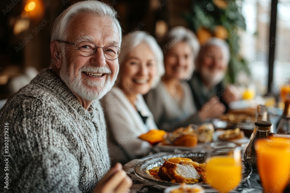 Group of cheerful seniors enjoying breakfast in nursing home care center, Generative AI Group of cheerful seniors enjoying breakfast in nursing home care center, Generative AI