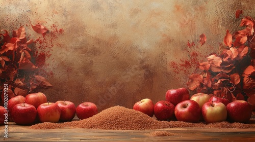 artistic collage, Apples, piles of Brown Sugar, Cedarwood, red cedar background texture, illustration, fall theme, poster, open space at the top, focus on the lower half, centered, cinematic photo