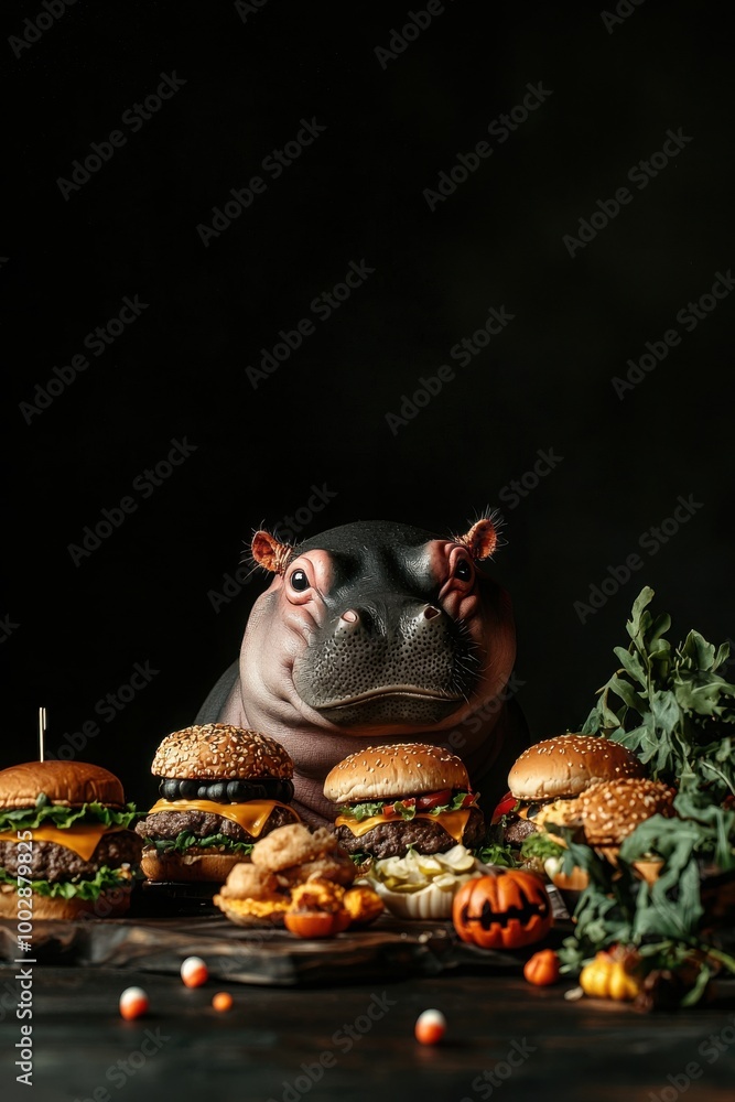 Hippo surrounded by a variety of delicious burgers and seasonal treats. Hippo surrounded by a variety of delicious burgers and seasonal treats.
