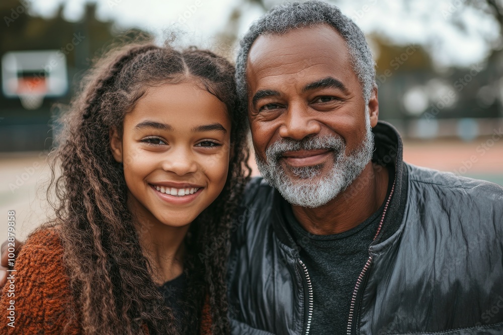 Happy father and teen daughter embracing and looking at camera outside at basketball court, Generative AI Happy father and teen daughter embracing and looking at camera outside at basketball court, Generative AI