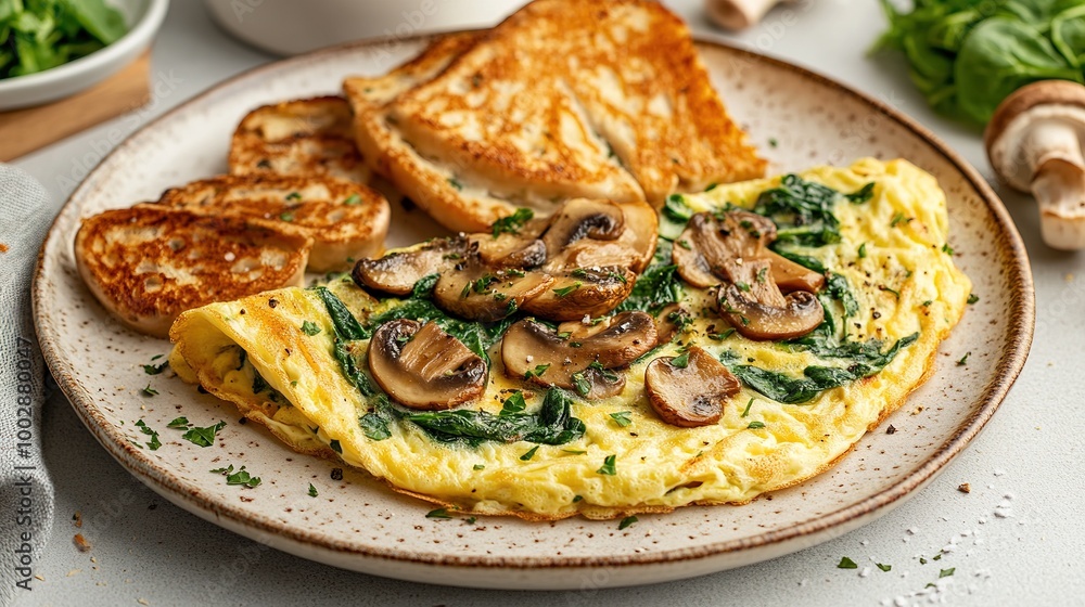 Fresh homemade omelette with mushrooms, feta cheese and herbs. A healthy protein breakfast with mushrooms and spinach Fresh homemade omelette with mushrooms, feta cheese and herbs. A healthy protein breakfast with mushrooms and spinach