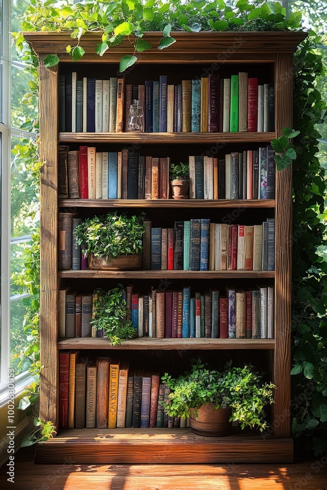 A wooden bookshelf filled with books and surrounded by lush plants in a sunny room A wooden bookshelf filled with books and surrounded by lush plants in a sunny room