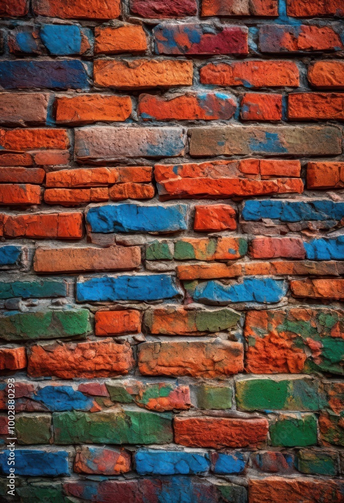 Fototapeta premium intricate close colorful brick wall patterns showcasing spectrum textures hues, design, architecture, red, orange, yellow, green, blue, black, gray, brown
