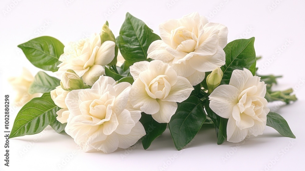 A bouquet of white flowers with green leaves on a light background. A bouquet of white flowers with green leaves on a light background.