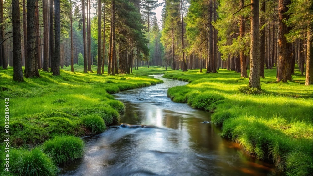 A tranquil stream flowing through lush forest with trees and grassy areas A tranquil stream flowing through lush forest with trees and grassy areas