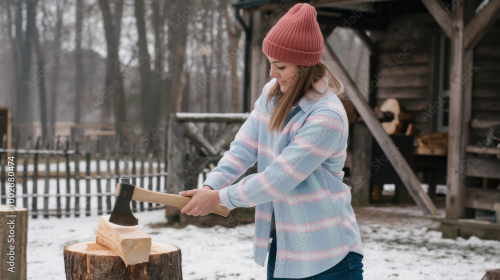 Woman chopping wood with an axe outside a log cabin. Snow on the ground, wearing winter clothing. Concept of outdoor activity. Woman chopping wood with an axe outside a log cabin. Snow on the ground, wearing winter clothing. Concept of outdoor activity.