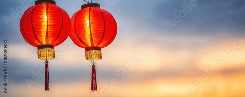 Glowing Red Chinese Lanterns Against Dark Sky