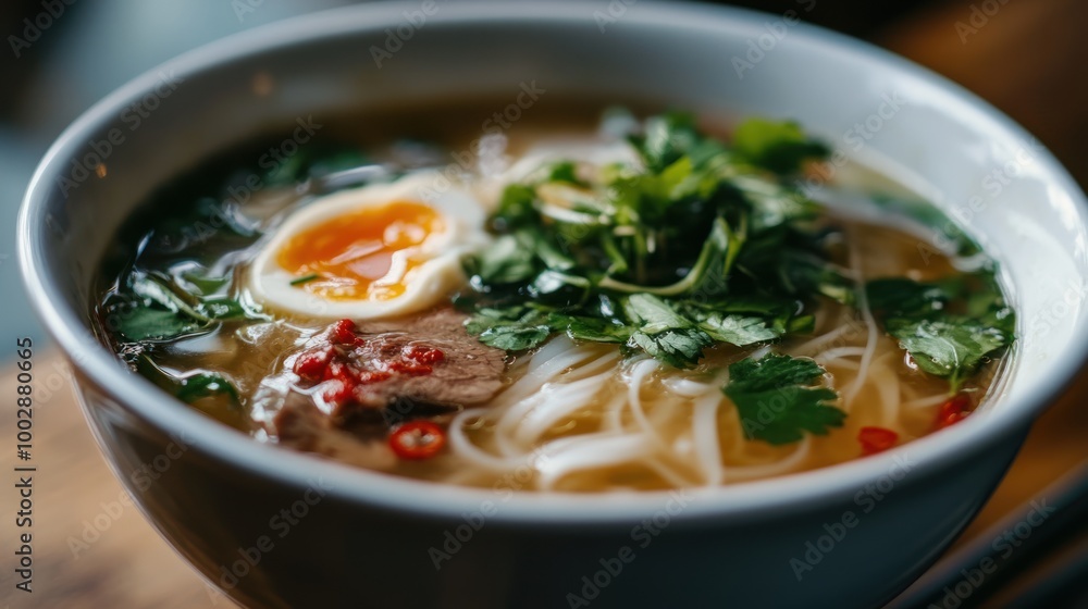A bowl of flavorful noodle soup topped with herbs, egg, and meat. A bowl of flavorful noodle soup topped with herbs, egg, and meat.