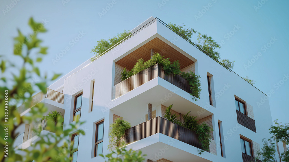 Fototapeta premium A modern white building with balconies adorned with green plants stands against a bright blue sky.